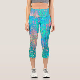 Leggings Capri Trippy Aqua Sunrise con flores psicodélicas