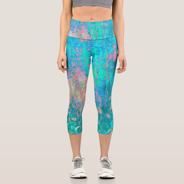 Leggings Capri Trippy Aqua Sunrise con flores psicodélicas (Anverso)