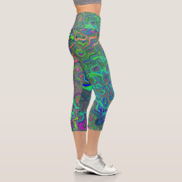 Leggings Capri Trippy Chartreuse y Blue Retro Liquid Swirl