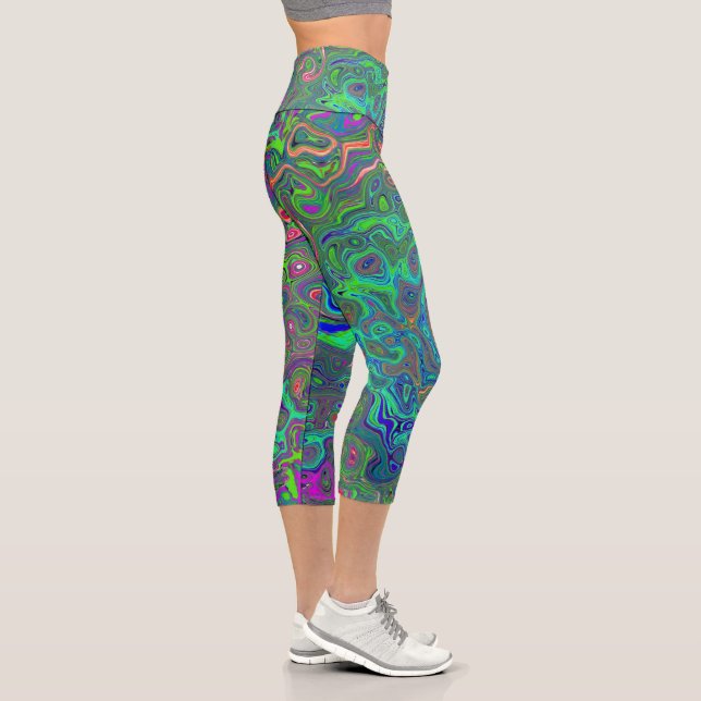 Leggings Capri Trippy Chartreuse y Blue Retro Liquid Swirl (Derecha)
