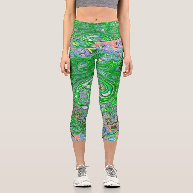 Leggings Capri Trippy Lime Green y Pink Resumen Swirt Retro (Anverso)
