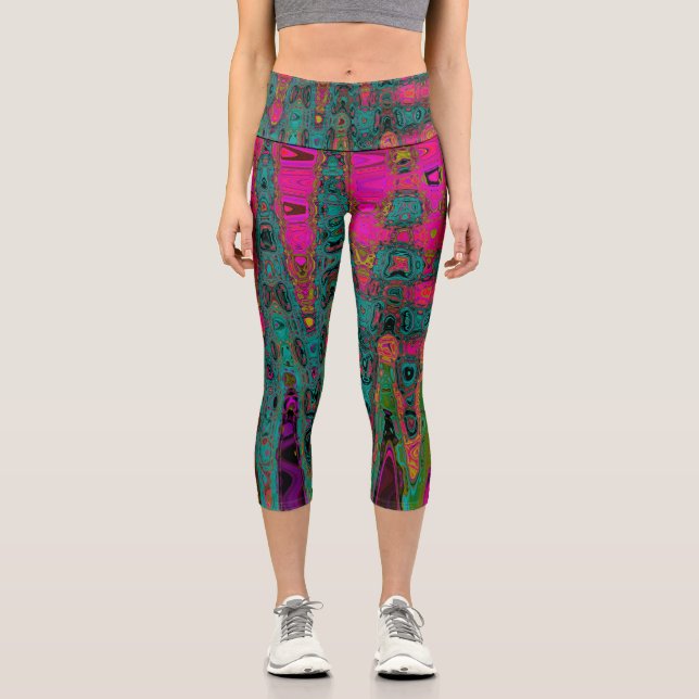 Leggings Capri Trippy Turquesa Resumen Olas Retro Atómicas (Anverso)