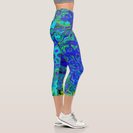 Leggings Capri Trippy Violet Blue Abstract Retro Liquid Swirl