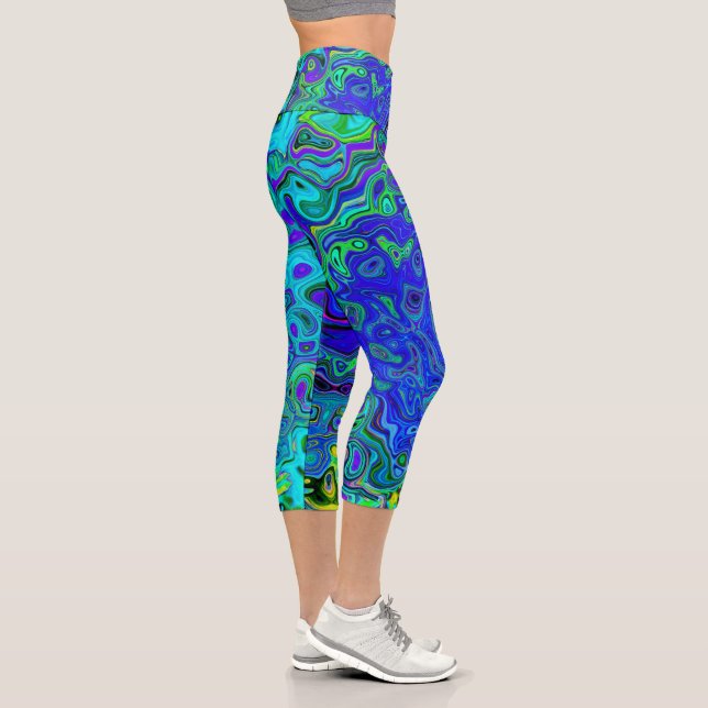 Leggings Capri Trippy Violet Blue Abstract Retro Liquid Swirl (Derecha)