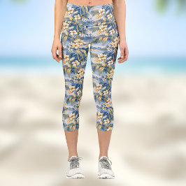 Leggings Capri Tropical Hawaiin Yellow Hibiscus Flowers on Blue 