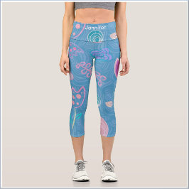 Leggings Capri Tulipán floral azul rosa y morado moderno