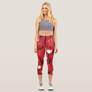 Leggings Capri Tulipán floral primaveral rojo y blanco atrevido