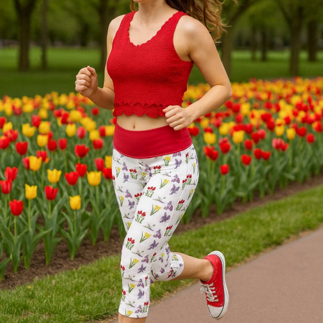 Leggings Capri Tulipán Narciso Lila Floral Primavera Roja (Jogging in spring floral leggings )