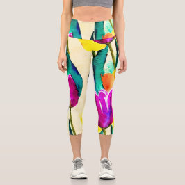 Leggings Capri Tulipanes cutáneos beige amarillo rosado
