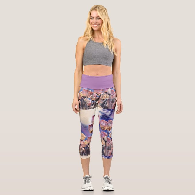 Leggings Capri Tulipanes rosados y naranjas morados (Anverso)