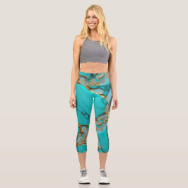 Leggings Capri Turquoise Marble with Golden Veins