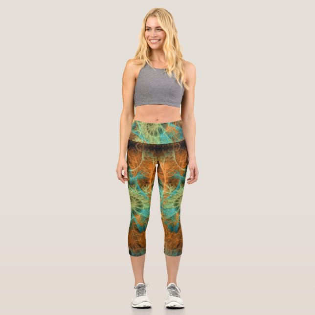 Leggings Capri Turquoise+Orange Fractal Swirl V1 (Anverso)