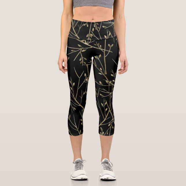 Leggings Capri Twigs de oro sobre negro (Anverso)