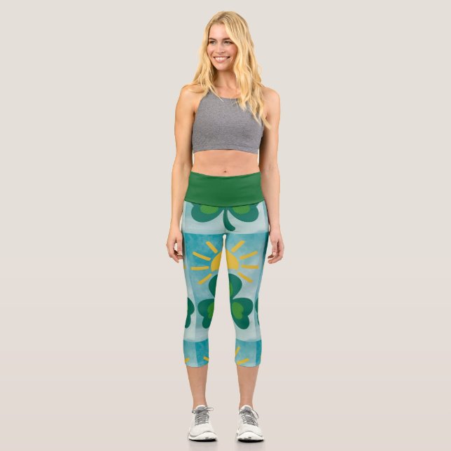 Leggings Capri un shamrock verde y un sol amarillo (Anverso)
