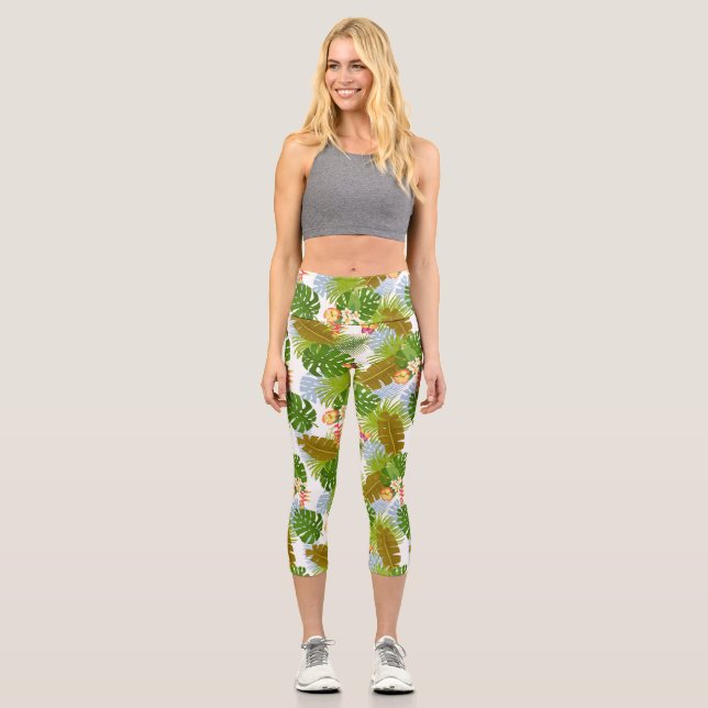 Leggings Capri Verano de follaje tropical blanco (Anverso)