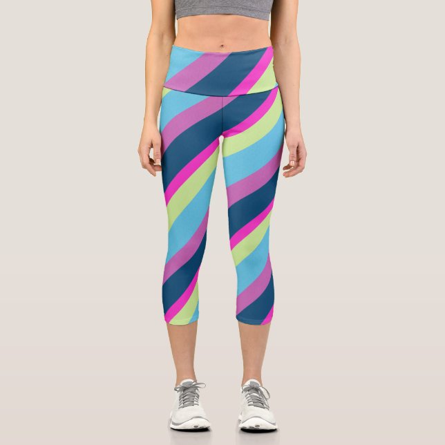 Leggings Capri Verano divertido Cima rosa azul Líneas coloridas (Anverso)