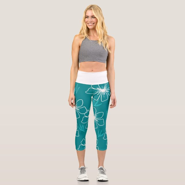 Leggings Capri Verde azulado con flores transparentes blancas (Anverso)