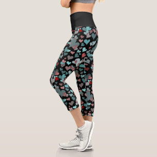Leggings Capri Verde azulado patrón de corazón negro oscuro lindo