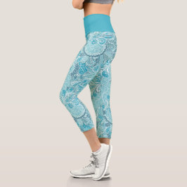 Leggings Capri Verde azulado trono azul elegante paisley
