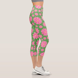 Leggings Capri Verde moderno con flores rosadas Piernas Capri