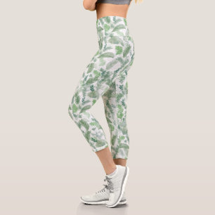 Leggings Capri Verde tropical moderno Foliage verde blanco