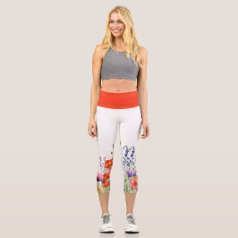 Leggings Capri Vibrant Watercolor Wildflowers Yoga