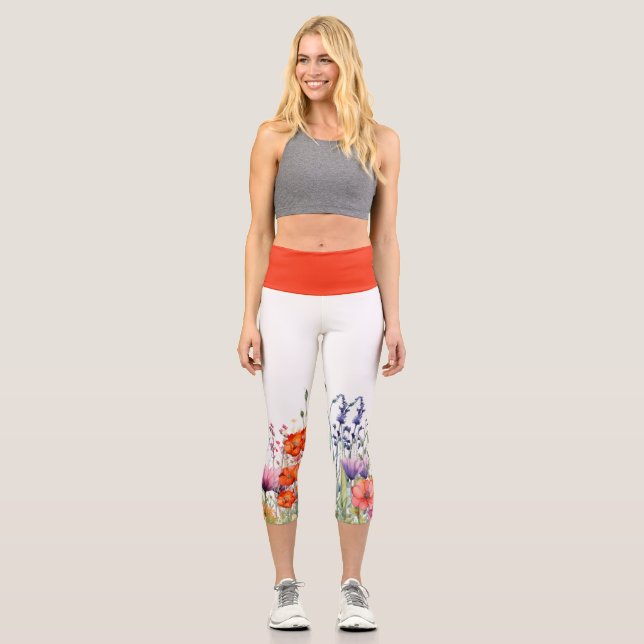 Leggings Capri Vibrant Watercolor Wildflowers Yoga (Anverso)