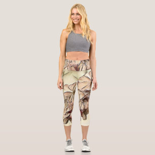 Leggings Capri Vintage beige brown cherry blossoms