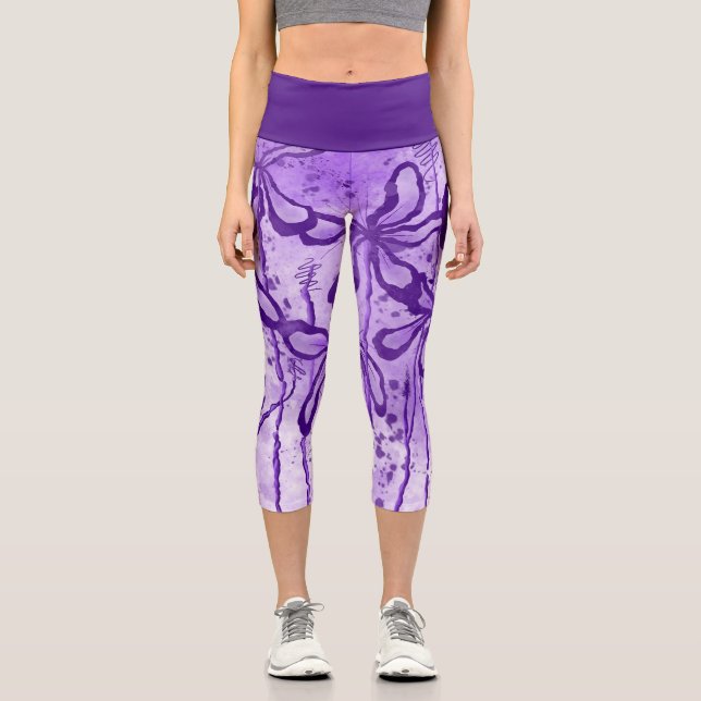 Leggings Capri Violeta de flores entrelazadas abstractas (Anverso)