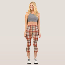Leggings Capri Warm Autumn Plaid Fabric Texture in Rust and Beige