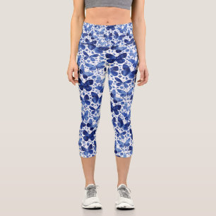 Leggings Capri Watercolor de mariposa Indigo Azul