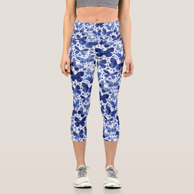 Leggings Capri Watercolor de mariposa Indigo Azul (Anverso)