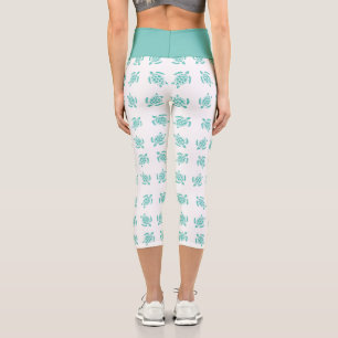 Leggings Capri Whimsical Aqua Blue Sea Turtles Patrón Náutico