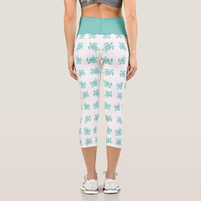 Leggings Capri Whimsical Aqua Blue Sea Turtles Patrón Náutico (Reverso )