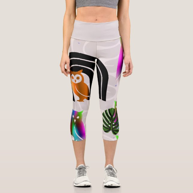 Leggings Capri Whimsical Boho Owl & Tropical Monstera Leaf (Anverso)