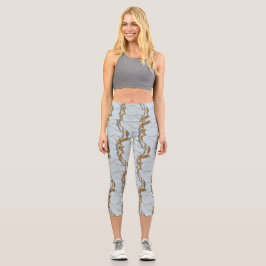 Leggings Capri White Marble Texture with Cracked Gold Veins