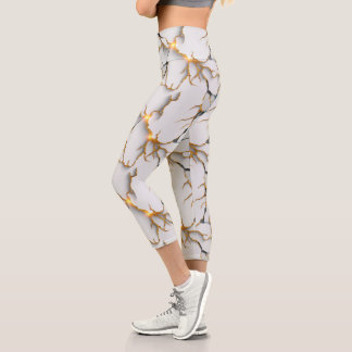 Leggings Capri White Marble Texture with Glowing Gold Veins