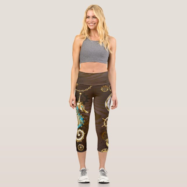 Leggings Capri Wooden Background with Mechanical Seahorse (Anverso)