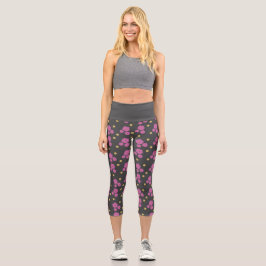 Leggings Capri Wow! Patrón elegante de flores gris oscuro y rosa