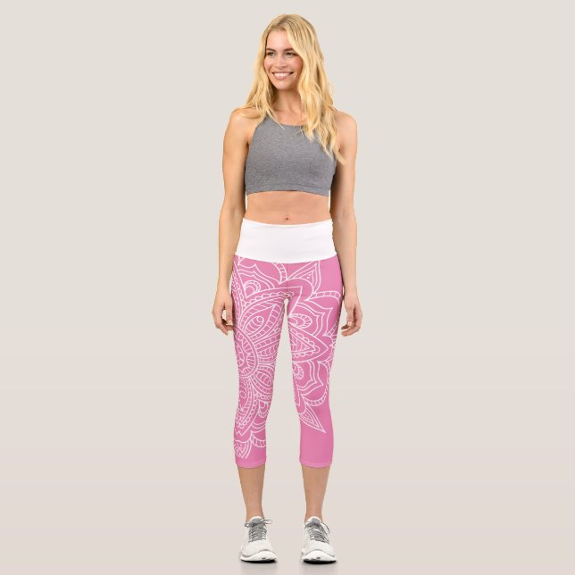 Leggings Capri Yoga en blanco y rosado caliente (Anverso)