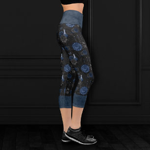 Leggings Capri Zodiac Magic   Rosas de cráneo gótico azul de la M