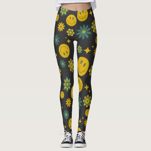 Leggings cara sonriente divertida y flores maravillosas (Anverso)