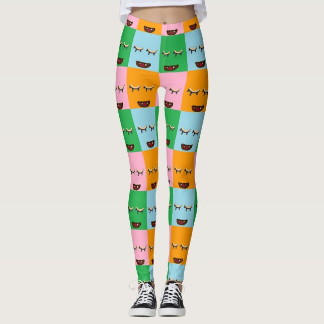 Leggings Caras de bloques de monstruo sonrientes (Anverso)