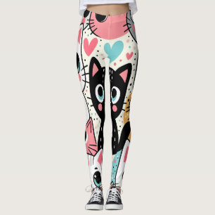 Leggings Caras de gato kawaii lindas y corazones caprichoso