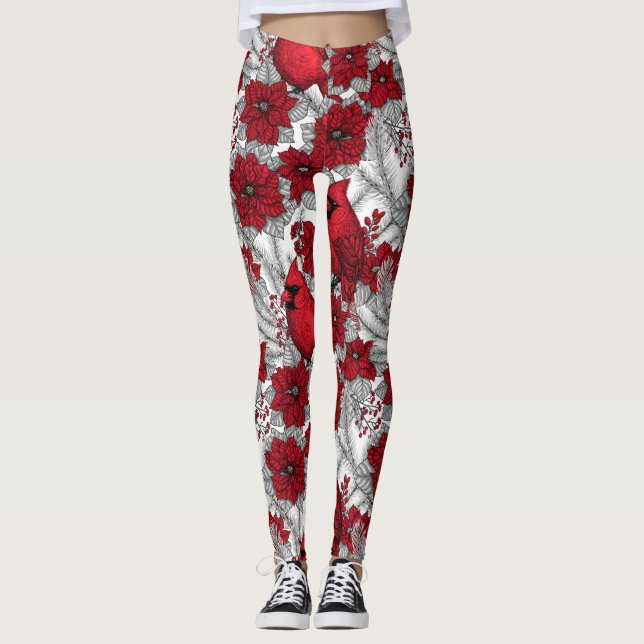 Leggings Cardenales y poinsettia en rojo y blanco (Anverso)