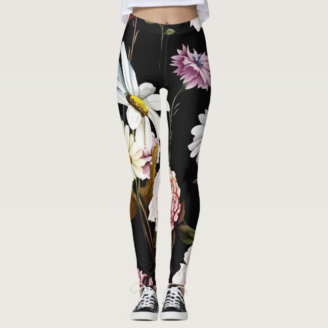 Leggings Carnación, flores de camomila, patrón negro. (Anverso)