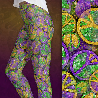 Leggings Carteles de Paz de Mardi Gras en Púrpura Verde y D