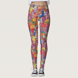 Leggings Casa Colorida Artística Ciudad Patrón Acuarela