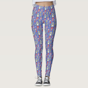 Leggings Casas de playa a rayas dibujadas a mano en azul
