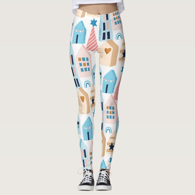 Leggings Casas escandinavas, patrón de humor invernal. (Anverso)